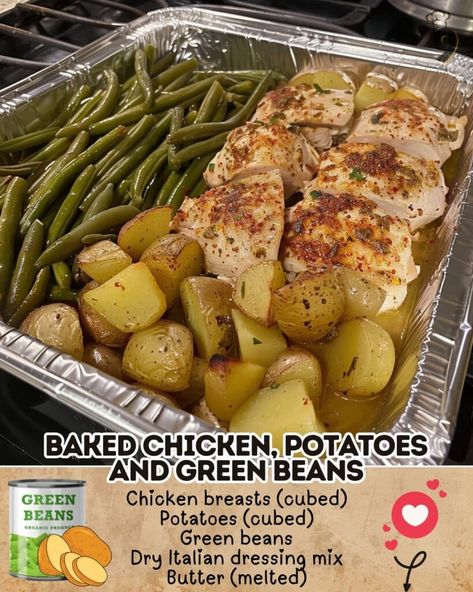 Baked Chicken Potatoes, Oven Chicken And Potatoes, Chicken Potatoes And Green Beans, Chicken Green Beans Potatoes, Chicken Breast Casserole, Chicken Breast Oven, Cubed Chicken, Italian Baked Chicken, Baked Green Beans