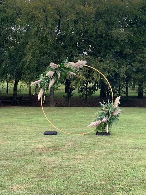 Our gold circle arch with some greenery and pampas grass was a beautiful ceremony backdrop Wedding Trellis, Wedding Flowers Tulips, Boho Wedding Ceremony, Wedding Alters, Sound Equipment, Greenery Wedding Decor, Candle Wedding Centerpieces, Summer Wedding Decorations, Boho Beach Wedding