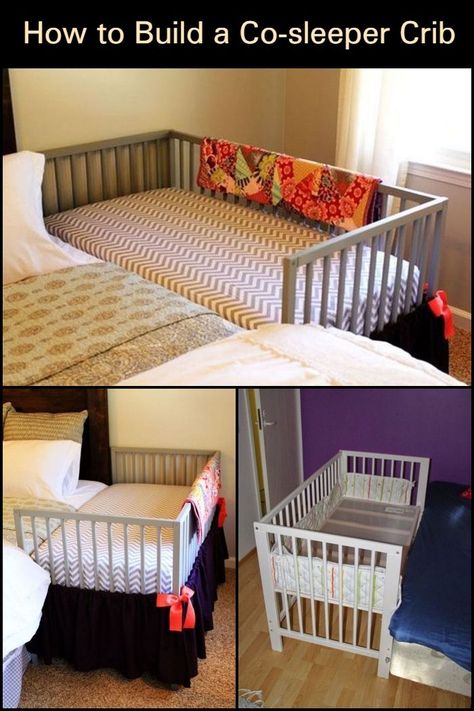 Parents with newborn babies can sleep better at night with their babies with this DIY co-sleeper. Bed Extension For Baby, Baby Side Bed, Colecho Ideas, Cosleeping Bedroom, Parents With Newborn, Sleeper Build, Co Sleeper Crib, Baby Co Sleeper, Diy Toddler Bed