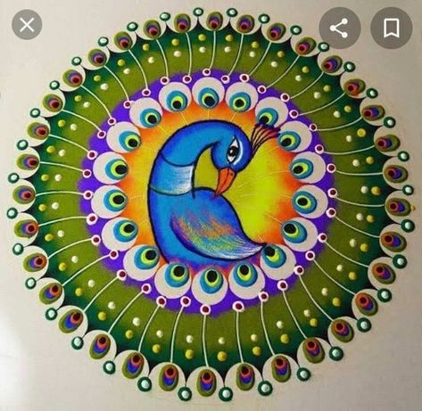 Mor Rangoli, Diwali Rangoli Simple, Rangoli Design Diwali, Peacock Rangoli Designs, Rangoli Photos, Diwali Rangoli Design, Happy Diwali Rangoli, Rangoli Designs For Competition, Simple Rangoli Designs