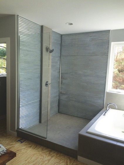 Corrugated Shower Walls, Metal Shower Walls Corrugated Tin, Metal Shower Walls, Corrugated Metal Shower, Tin Shower, Corrugated Metal Wall, Reclaimed Hardwood Flooring, Barn Kitchen, Bathroom Shower Design