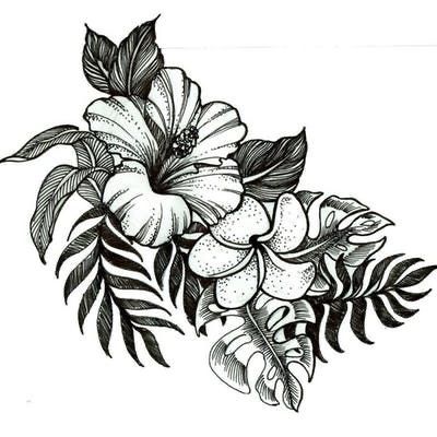 Feme Fatale Tattoo, Tropical Flowers Tattoo Design, Tropical Hibiscus Tattoo, Tropical Flower Tattoo Designs, Jungle Flowers Tattoo, Hawaiian Flower Tattoos Sleeve, Tropical Flower Tattoo Sleeve, Tropical Sleeve Tattoo For Women, Tropical Flowers Tattoo