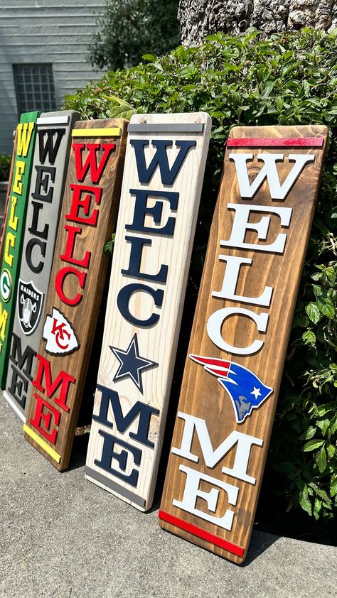 Cowboys Welcome Sign, Diy Wood Gift Projects, Nfl Welcome Sign Front Door, Diy Door Leaner, Tall Front Door Signs, Sports Home Decor, Wood Projects To Sell At Craft Shows, Football Front Porch Decor, Painted Welcome Signs On Wood