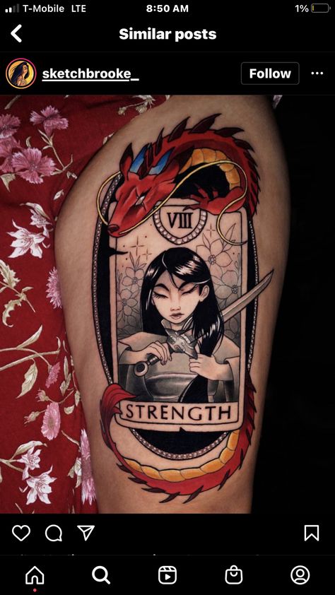 Strength Tarot Card Tattoo, Mulan Tattoo Ideas, Mulan Tattoo, Tarot Tattoo, Tarot Card Tattoo, Tatoo Inspiration, Theme Tattoo, Female Tattoo Artists, Card Tattoo