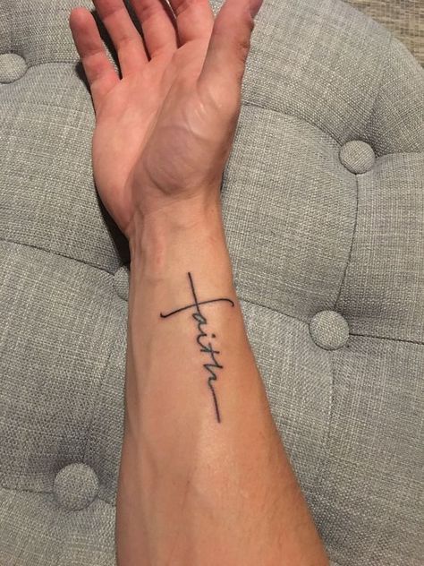 Faith Cross Tattoos, Faith Tattoo Designs, Tattoos Arm Mann, Inner Wrist Tattoos, Tattoos Cross, Tattoos With Deep Meaning, Side Wrist Tattoos, Tato Minimal, Simple Tattoos For Guys