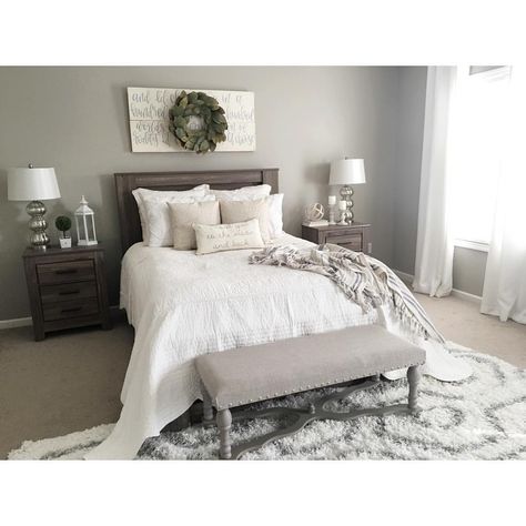 Master bedroom color/decor idea. Furniture, lighting and set up are very similar to ours. :: See this Instagram photo by @kristieh14 Modern Farmhouse Bedroom Decor, Rustic Farmhouse Bedroom, Farmhouse Bedroom Decor Ideas, Farmhouse Style Bedrooms, Interior Design Minimalist, Modern Farmhouse Bedroom, Versace Home, Farmhouse Bedroom Decor, Style Bedroom