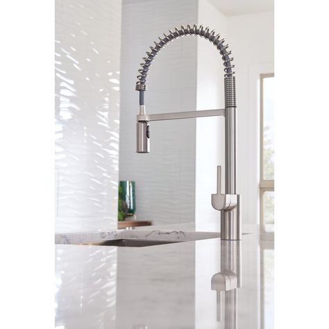 5923SRS Moen Align Pull Down Single Handle Kitchen Faucet with Duralock™ & Reviews | Wayfair Kitchen Faucet Modern, Moen Align, Best Kitchen Faucets, Modern Kitchen Faucet, Best Kitchen Sinks, Cottage Kitchen Design, Kitchen Faucet With Sprayer, Spring Kitchen, Galley Kitchens