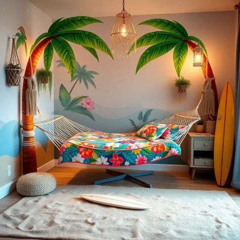 Moana Inspired Bedroom, Palm Tree Bedroom Decor, Hawaii Theme Bedroom, Hawaiian Theme Room, Fccla Themes, Tropical Bed Frames, Hawaiian Room Decor, Hawaiian Bedroom Ideas, Lilo And Stitch Room