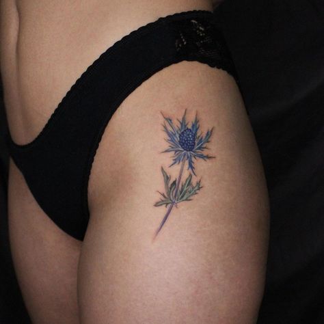 Sea Holly Tattoo, Eryngium Tattoo, Teasel Tattoo, Blue Thistle Tattoo, Holly Core, Eryngium Planum, Thistle Flower Tattoo, Thistle Tattoo, Holly Flower