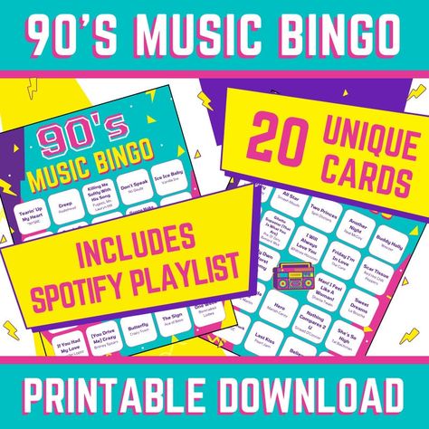 "90's Music Singo Bingo Game | 20 Cards | Digital Download -------------------- 🤘Take a nostalgic journey back to the era of flannel shirts, grunge, and iconic boy bands with this 90's Music Bingo Card Game! Relive the magic of the 90s through the beats that defined a generation while enjoying the excitement of Bingo. 🌟Key Features🌟 🎶 90's Hits: These Bingo cards are filled with 75 of the most iconic tunes from the 90's. From Spice Girls to Weezer, this 90's Music Bingo Game features the most memorable tunes that will have you singing along and reminiscing about the good ol' days.  🌼 Quality Design: Designed with vibrant 90's-themed graphics, these cards add a touch of funk to your game night. These digital Bingo cards and markers are designed for easy printing at home, ensuring a has Shirts Grunge, Music Bingo, Party Games Printable, 90s Hits, Bingo Party, Friday Im In Love, Bingo Card, 90s Party, Games Printable