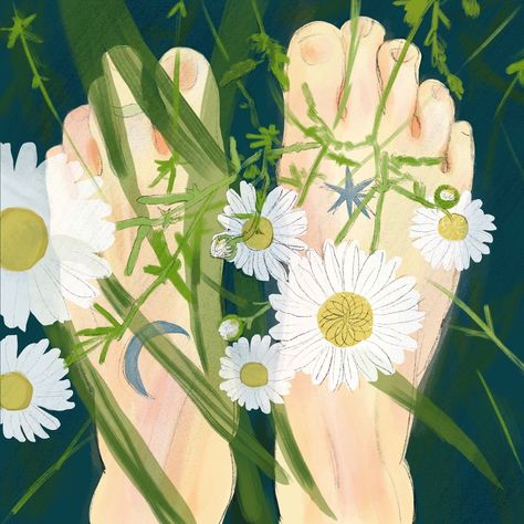 Kate Anderson | illustration "Bare Feet in Summer" digital painting in green, white and yellow of a woman's bare feet in daisies #illustratedart #contemporaryart #figurativeart #botanicalart Grass Illustration, Flower Illustration, Figurative Art, Botanical Art, Drawing Inspiration, Aesthetic Art, Digital Painting, Art Inspo, Cute Drawings