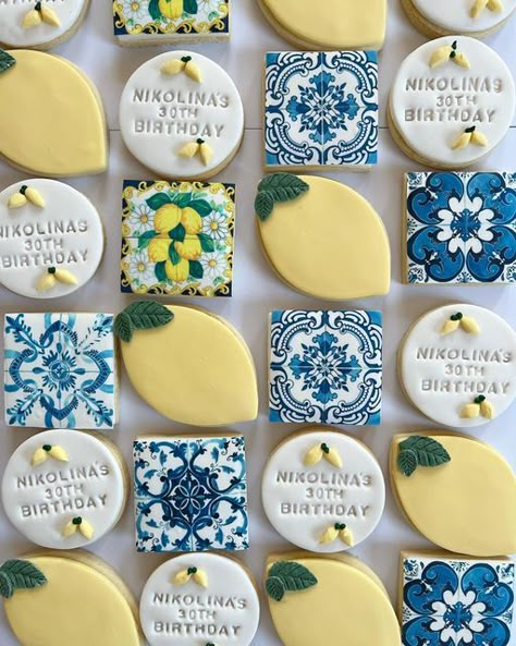 Amalfi Coast Theme Dessert Table, Decorated Cookies For Wedding, Mediterranean Birthday, Mediterranean Shower, Capri Party, Positano Theme, Engagement Party Cookies, Cookies For Wedding, Italian Baby Showers