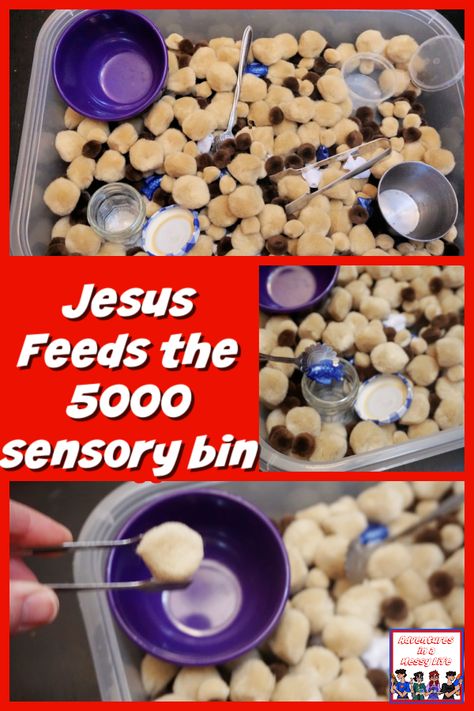 Jesus Feeds the 5000 sensory bin Elisha Feeds 100 Craft, Bible Story Sensory Bins, Bible Sensory Bins, Jesus Feeds 5000 Activity, Jesus Feeds 5000 Craft, Jesus Feeds The 5000 Craft, Jesus Feeds The 5000, Jesus Feeds 5000, Vbs Craft