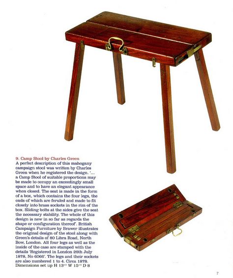 Camp Stool by Charles Green Campaign Furniture Plans, Larp Camping, British Campaign Furniture, Neat Furniture, Sca Camping, Portable Furniture, Antique Writing Desk, Medieval Furniture, Camping Stool