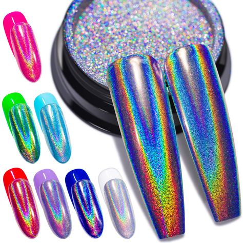 PRICES MAY VARY. ❤STRONE&VIBRANT HOLOGRAPHIC EFFECT—We Tested The 15, 35 And The 45 Micron For Nail Art, And Found Out That The 45 Micron Is The Most Vibrant But Too Grainy One, The 15 Micron Is The Finest And Easiest One To Apply To The Nail But The Holo Effect Is Too Vague, While The 35 Micron Is The Perfect Combination Of The Vibrant Holo Effect And Well Adhesive Performance. ❤GENUINE 35 MICRON&NO GLITTER AHSES REMAIN—Unlike Many Other Manufacturers Mixed Up The Holo Powder With Other Larger Unicorn Mirror, Holographic Nail Powder, Chrome Manicure, Chrome Nail Polish, Holo Nails, Chrome Nail Powder, Chrome Powder, Glitter Dust, Nail Powder