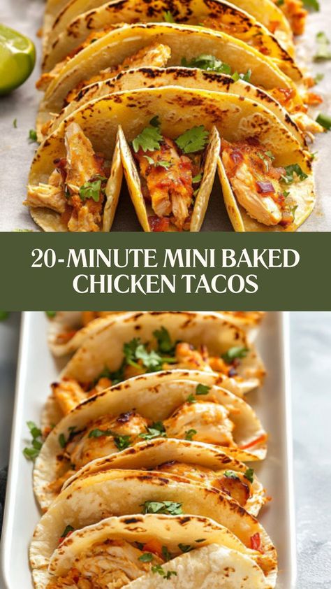 Crispy, cheesy, and ready in just 20 minutes! These Mini Baked Chicken Tacos are a perfect quick fix for taco cravings. 🌮🔥 #MiniTacoMagic #ChickenTacoLove #QuickAndEasyMeals #CrispyDelights #CheesyGoodness #TacoNightFavorite #FamilyFriendlyBites #ReadyIn20 #FlavorfulAndFun #TacoHeaven Diced Chicken Tacos, Hot Honey Chicken Tacos, Baked Tacos Chicken, Crispy Chicken Tacos Oven Baked, Different Taco Ideas, Baked Mini Tacos, Baked Chicken Taco, Mini Chicken Quesadillas, Cheesy Chicken Tacos