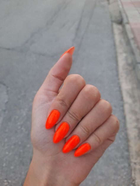 Neon nails, almond nails, long nails, orange nails Long Nails Orange, Orange Almond Nails, Orange Nails Summer, Neon Orange Nails, Nails Orange, Tropical Orange, Almond Shape Nails, Nails Almond, Nails Summer