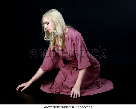 Crouching In Dress Pose, Sitting In A Dress, On Floor Pose, Blonde Haired Woman, Black Studio Background, Long Purple Dress, Weeping Woman, Dress Sites, Purple Long Dress