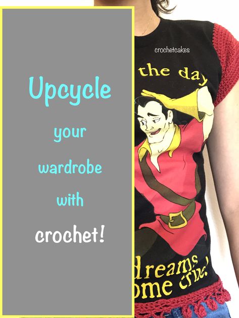 Adding Crochet To Clothes T Shirts, How To Add Crochet To Clothing, Upcycling Clothes With Crochet, Add Crochet To Clothing, Upcycle Clothes With Crochet, Adding Crochet To Clothes, Crochet Upcycle, How To Upcycle Clothes, Crochet Garments