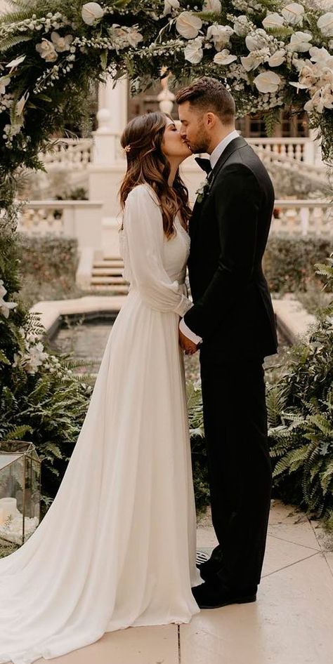 27 Awesome Simple Wedding Dresses For Cute Brides ♥️ simple wedding dresses straight high neckline long sleeves lindseyboluyt #wedding #bride #weddingdress #weddingforward Simple Bridal Gowns, Baju Kahwin, Modest Bride, Simple Wedding Dresses, Wedding Dress Guide, Dress Guide, Brides Wedding Dress, Long Sleeve Wedding, Modest Wedding Dresses