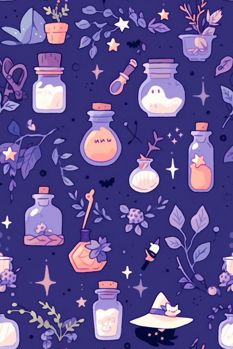 Witchy Pattern Witch Accessories and Ingredients Witch Aesthetic Board, Spring Witchy Wallpaper, Spring Witch Aesthetic Wallpaper, Kawaii Witchcraft, Cute Witch Aesthetic, Pastel Witch Aesthetic, Wiccan Aesthetic, Witchy Illustration, Witchy Pattern