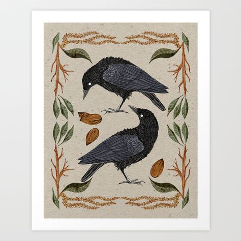 Crows and Pecans Nature Print Art Print by TrailBugPrints Cottagecore Illustration, Aesthetic Draw, Crow Pictures, Cottagecore Art, Animal Illustration Art, Crow Art, Raven Art, Spotify Covers, Crows Ravens