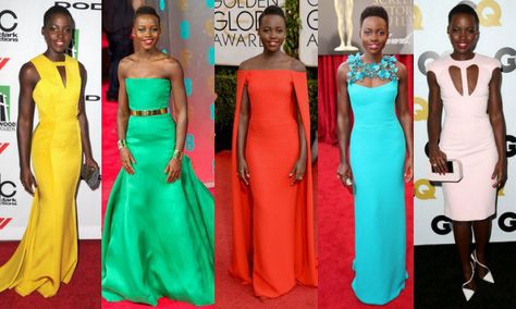 lupita color inspiration Dress On Dark Skin, Neon Prom Dresses, Skin Dress, Strapless Prom Dress, Brown Outfit, Fashion Figures, Best Color, Pageant Dress, Brown Girl