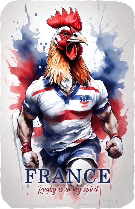 Alternate design for our France Rugby 2023 T-Shirt. Featuring a majestic French Cockerel, in watercolour style. Representing a proud & powerful French rugby player. This UK based, digital designed T-shirt has the meaningful slogan "Rugby is in my spirit". It is an ideal gift for all French rugby fans & a must have souvenir of the 2023 rugby tournament! Rugby Tattoo, Rugby France, Rugby Images, Rugby Wallpaper, Rugby Party, Rugby Birthday, Rugby Art, French Rugby, Rugby Logo