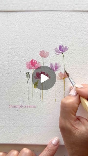 Watercolour Art Flowers, Simply Seema Watercolor, Simple Watercolour Flower, Simple Watercolor Flowers Tutorials, Watercolour Flowers Simple, Easy Watercolor Flowers, Postcard Idea, Simple Watercolor Flowers, Diy Large Wall Art