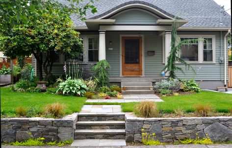 Basalt Retaining Wall, Bluestone Stairs + Entry Path - traditional - landscape - portland - by Pistils Landscape Design Craftsman Curb Appeal, Front Yard Retaining Wall, Yard Retaining Wall, Craftsman Landscaping, Sloped Front Yard, Small Retaining Wall, Yard Stones, Building A Retaining Wall, Front Yards Curb Appeal