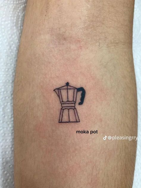 Minimal Coffee Tattoo, Espresso Tattoo Ideas, Fine Line Food Tattoo, Crossaint Tattoo, Moka Pot Tattoo, Coffee Pot Tattoo, Coffee Tattoo Minimalist, Espresso Tattoo, Small Quirky Tattoos