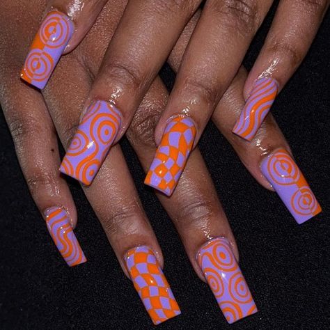 Purple And Orange Nails Summer, Purple And Orange Nail Art, Lavender And Orange Nails, Purple And Orange Nails Acrylic, Orange And Purple Nail Designs, Fnaf Nails Ideas, Purple And Orange Nail Designs, Orange Purple Nails, Purple Orange Nails