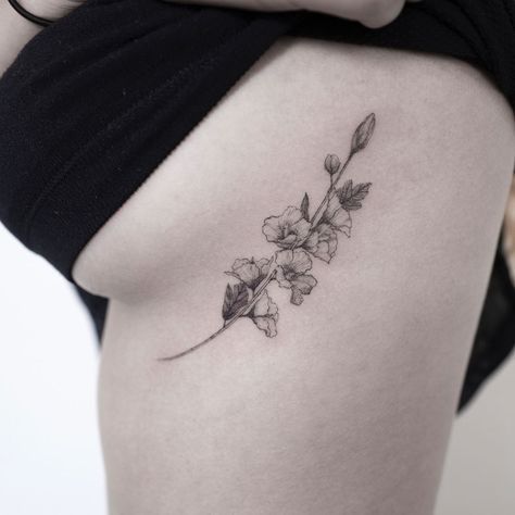 Flower Sternum Tattoo, Gladiolus Tattoo, Rib Tattoos For Women, Orchid Tattoo, Birth Flower Tattoos, Sternum Tattoo, Side Tattoos, Rose Of Sharon, Subtle Tattoos