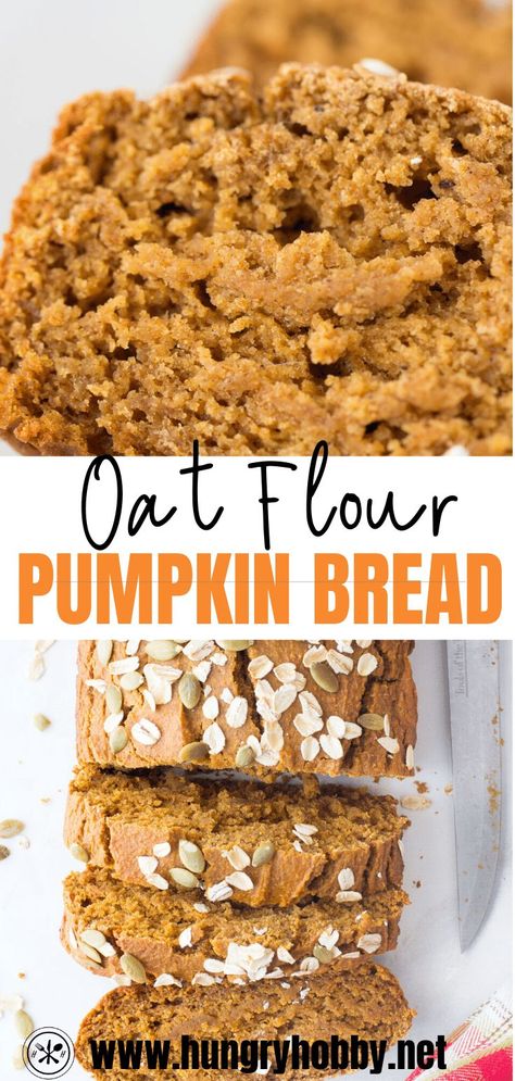 This pumpkin oat flour bread is a deliciously hearty and healthy quick bread filled with pumpkin spice flavors like nutmeg, cinnamon, & allspice in every bite. No refined flour, sugar, or oil! #dairyfree #glutenfree #oatflour #oats #breakfast #bread #pumpkin #snack #dessert #hungryhobby Recipes With Oat Flour, Oat Flour Biscuits, Oat Flour Pumpkin Bread, Oat Flour Bread, Oat Flour Recipes, Bread Pumpkin, Pumpkin Snack, Workout Smoothie Recipes, Healthy Pumpkin Bread