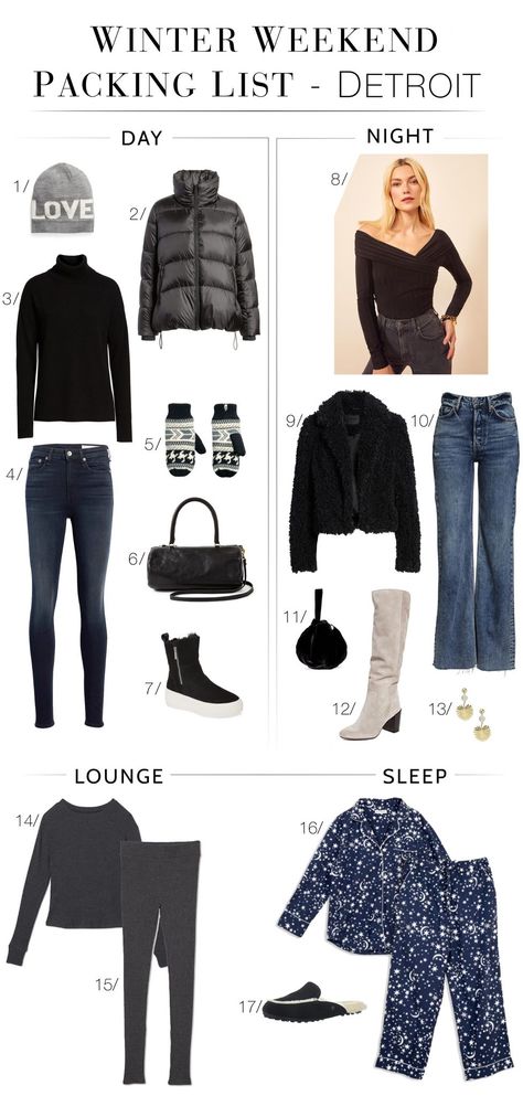 Winter Weekend Getaway Outfits, Winter Weekend Packing, Winter Getaway Outfits, Weekend Trip Outfits, Detroit Winter, Weekend Trip Packing List, Winter Travel Wardrobe, Day Trip Outfit, Weekend Trip Packing