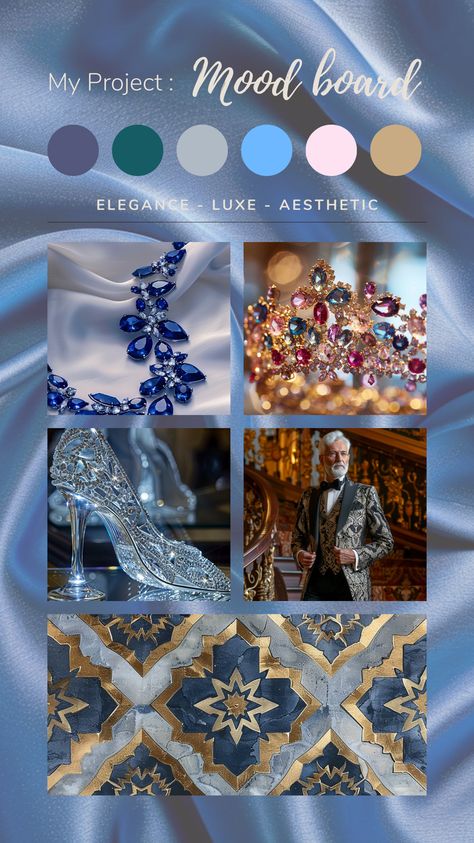 Mood board, luxe, elegance, aesthetic, rich, blue, gold, silver, crystal Crystal Color Palette, Lucas Lee, Elegance Aesthetic, Blue Moodboard, Mood Board Template, Royalty Aesthetic, Gold Aesthetic, Wedding Theme Colors, Color Story