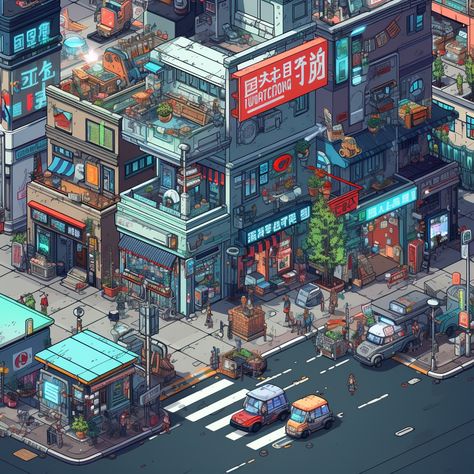 Cyberpunk City Illustration, Isometric Building Illustration, Retro City Aesthetic, Japanese Futurism, Isometric Town, Cyberpunk Architecture, Minecraft Cyberpunk, Cyberpunk Building, Cyberpunk Concept Art