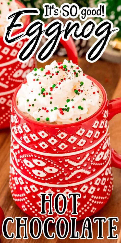 Eggnog Hot Chocolate combines two winter favorites into one rich, creamy, and delicious beverage that you'll want to sip all season long! via @sugarandsoulco Eggnog Hot Chocolate, Eggnog Drinks, Best Hot Chocolate Recipes, Hot Cocoa Mix Recipe, Irish Coffee Recipe, Christmas Eggnog, Homemade Hot Chocolate Mix, Hot Toddies Recipe, Homemade Eggnog