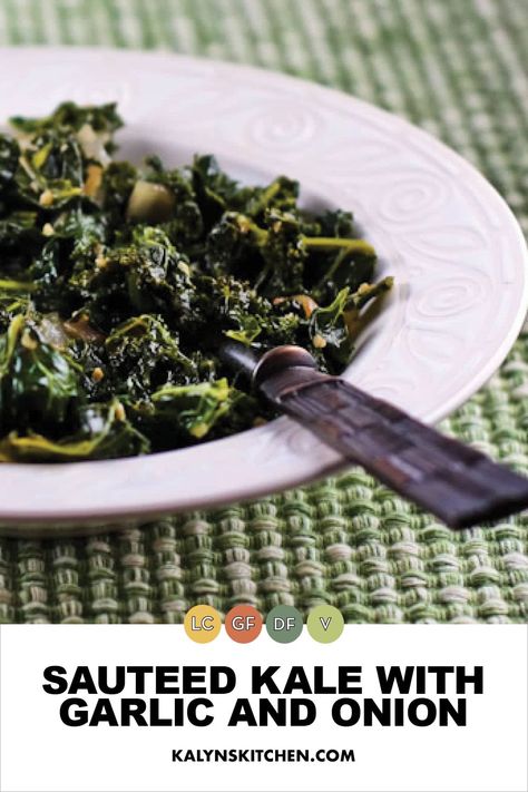 Pinterest image for Sauteed Kale with Garlic and Onion in a white serving dish with a serving spoon on a green woven napkin. Kale Recipes Sauteed, Cooked Kale Recipes, Cooked Kale, Kale Recipes Healthy, Tuscan Kale, Salad Kale, Healthiest Foods, Keto Side, Sauteed Kale