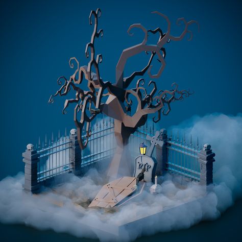 Isometric Graveyard, Halloween Environment, Graveyard Diorama, Low Poly Landscape, Blender Low Poly, Low Poly Environment, Low Poly Forest, Fake Mustache, Halloween Diorama