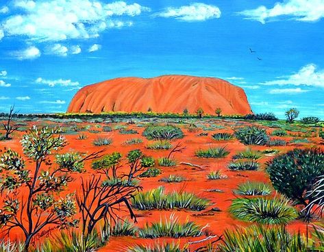 Uluru is the official aboriginal name for Ayres Rock which refers to both the rock itself and the waterhole on top of the rock.  400,000 to half a million people visit Uluru a year.  /  29cm x 37cm ( 11" x14.5") on canvas paper framed acrylic / ORIGINAL SOLD ON BLUETHUMB –  5.4.2020… • Millions of unique designs by independent artists. Find your thing. Ayers Rock, Australian Outback, Small Canvas Paintings, Postcard Art, Drawing And Painting, Buy Art Online, Australian Art, Canvas Paper, Australian Artists