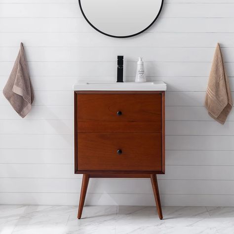 EVIVA Caramel 24 Inch Teak Mid Century Bathroom Vanity With Porcelain Top And Dovetail Drawers | Wayfair Mid Century Bathroom Vanity, Grey Modern Bathrooms, Modern Contemporary Bathrooms, 48 Inch Bathroom Vanity, Mid Century Vanity, 36 Inch Bathroom Vanity, Mid Century Modern Bathroom, Grey Bathroom Vanity, Mid Century Bathroom