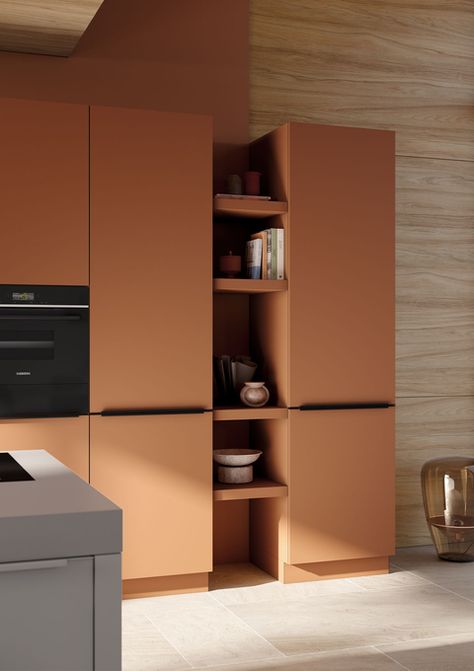 Unique kitchens from Häcker – get inspired now. Peach Kitchen Cabinets, Peach Kitchen, System Kitchen, Kitchen World, Kitchen Concepts, Kitchen Color, Shelf Unit, Unique Kitchen, Kitchen Colors