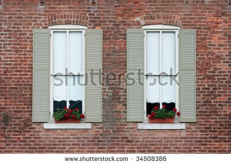 Grey Shutters Brick House, Shutters Brick House, House Shutter Colors, Gray Shutters, Brown Brick Exterior, Exterior Shutter Colors, Shutter Paint Colors, Windows With Shutters, Brown Brick Houses