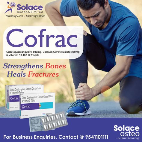 Cofrac Tablet is formulated with Cissus quadrangularis (Hadjod), Calcium citrate malate, Vitamin D3 that promote bone and joint health. It helps in muscle contraction, muscle building and flexibility of joints. It may help improve bone health and lower osteoporosis risk. 
#BoneHealth  #JointHealth #pcdpharmafranchise #pcdpharmacompany #solace #CalciumCitrateMalate  #VitaminD3  #MuscleContraction  #MuscleBuilding D Pharmacy, Calcium Citrate, Muscle Contraction, Vitamin D3, Bone Health, Vitamin D, Build Muscle, Vitamins, Healing