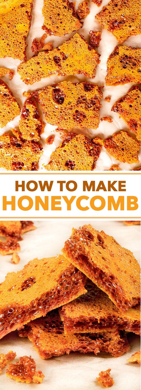 How To Make Homemade Honeycomb Candy - Ever wondered how to make honeycomb? Well, wonder no more – this quick and easy recipe for homemade honeycomb candy requires only 4 ingredients and 10 minutes! This delicious candy is gluten, dairy, egg, soy and nut free, and the recipe also has a vegan option. How To Make Honeycomb, Homemade Honeycomb, Honeycomb Recipe, Honeycomb Candy, Homemade Sweets, Homemade Candies, Köstliche Desserts, How To Make Homemade, Nut Free