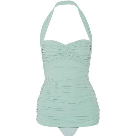 Norma Kamali - Bill Mio Ruched Halterneck Swimsuit ($175) ❤ liked on Polyvore featuring swimwear, one-piece swimsuits, swim suits, mint, halter bikini, retro high waisted swimsuits, high waisted bikini and halter bikini tops Mint Swimsuit, Retro One Piece Swimsuits, Retro Bathing Suits, Retro Swimwear, Halter Neck Swimsuit, High Waisted Bathing Suits, Retro Swimsuit, Modest Swimwear, Swimming Bathing Suits