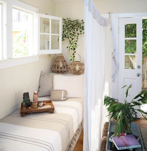 Hosting Overnight Guests in Your Small Home — The Tiny Canal Cottage Tiny House Guest Bed, Guest Bed Small Space, Tiny Guest Bedroom Ideas Spare Room, No Guest Room Solutions, Makeshift Guest Room, Small Guest Room Ideas Maximize Space, Tiny Guest Room Ideas, Tiny Guest Bedroom, Tiny Guest Bedroom Ideas