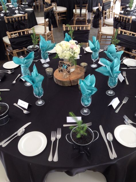 June tented Wedding reception at Stone Willow Inn St. Marys, Ont. - black and white with light turquoise - wood slabs - mason jars - hydrangeas - roses - peonies - chiavari chairs - Mercury glass candle holders www.highglossweddings.com Sanji Wedding, Black And Turquoise Wedding, Wedding Theme Black, Teal And Grey Wedding, Turquoise Wedding Theme, Formal Inspiration, Farewell Decorations, Tented Wedding Reception, Black Centerpieces