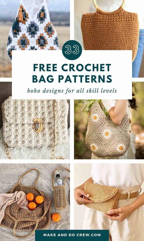 Discover the best modern crochet bag patterns for beginners in this collection curated by Make and Do Crew. Featuring everything from trendy boho bags to practical market tote bags and sling bags. You'll find tons of detailed crochet bag tutorials that guide you through creating stylish accessories like fanny packs, beach bags, and elegant clutches. Whether you prefer small crochet purses or large, edgy crochet bucket bags, there's a pattern for you. | Crochet Handbags Chunky Crochet Purse Free Pattern, Crochet Bag Pattern Diagram, Free Pattern Bag Crochet, Crochet Hand Bag Pattern, Crochet Shoulder Bags Pattern, Crochet Free Patterns Bag, Free Cotton Crochet Patterns, Crochet Totes And Bags Patterns, Handbag Crochet Pattern Free